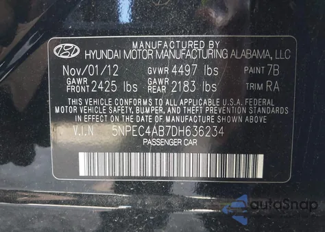 2013 Hyundai Sonata Limited 2.0T from USA, damaged, VIN 5NPEC4AB7DH636234